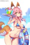  1girl animal_ear_fluff animal_ears bangs bare_shoulders bendy_straw bikini blue_bikini blue_bow blue_sky blush bow bracelet breasts brown_eyes closed_mouth clouds cloudy_sky collarbone commentary_request cup day drink drinking_glass drinking_straw eyebrows_visible_through_hair fate/grand_order fate_(series) fingernails food fox_ears fox_girl fox_tail hair_between_eyes hair_bow hand_up holding holding_tray hong_(white_spider) ice_cream ice_cream_float innertube jewelry large_breasts long_hair looking_at_viewer nail_polish navel pink_hair red_nails side-tie_bikini signature sky smile solo swimsuit tail tamamo_(fate)_(all) tamamo_no_mae_(swimsuit_lancer)_(fate) transparent tray wafer_stick 