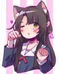  1girl :o animal_ears arms_up bangs black_hair blue_shirt blush buttons cat_ears chestnut_mouth commentary dochanhee english_commentary eyebrows_visible_through_hair hands_up heart korean long_sleeves looking_at_viewer neck_ribbon one_eye_closed original paw_pose purple_background red_ribbon ribbon sailor_collar shirt solo striped striped_background translation_request two-tone_background upper_body white_background white_sailor_collar yellow_eyes 