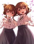  2girls absurdres alternate_costume black_skirt blush breasts brown_eyes brown_hair closed_mouth eyebrows_visible_through_hair hair_between_eyes hair_ornament hairclip highres ikazuchi_(kantai_collection) inazuma_(kantai_collection) kantai_collection long_skirt long_sleeves looking_at_viewer medium_hair multiple_girls nicoby open_mouth shirt short_hair_with_long_locks simple_background skirt small_breasts white_background 