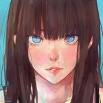  1girl 2girls artist_name bangs blue_background blue_eyes brown_hair character_request commentary dochanhee english_commentary highres ilya_kuvshinov_(style) looking_at_phone multiple_girls original phone portrait simple_background solo 