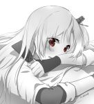  1girl arm_rest azur_lane bangs blush cape cleveland_(azur_lane) eyebrows_visible_through_hair fingerless_gloves gloves greyscale hair_ornament head_rest karinto_yamada long_hair long_sleeves looking_at_viewer monochrome parted_lips red_eyes simple_background solo spot_color wavy_mouth white_background 