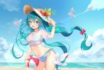  1girl aqua_eyes aqua_hair ball beach beachball bikini bird bracelet clouds cowboy_shot eyebrows_visible_through_hair hair_between_eyes hat hatsune_miku highres jewelry leaning_forward long_hair looking_at_viewer navel open_mouth outdoors see-through shirt side-tie_bikini sky solo striped striped_bikini sun_hat swimsuit twintails very_long_hair vocaloid wet wet_clothes wet_shirt yuna_(deadawon) 