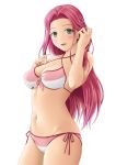  1girl :d bikini blush breasts cleavage collarbone cowboy_shot green_eyes groin hair_ornament hairclip hand_in_hair ibushigin large_breasts long_hair looking_at_viewer navel open_mouth pink_hair rune_factory side-tie_bikini sideboob simple_background smile solo standing swimsuit very_long_hair white_background 