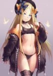  1girl abigail_williams_(fate/grand_order) bangs bare_shoulders black_bra black_hat black_jacket black_legwear black_panties blonde_hair blue_eyes blush bow bra breasts bug butterfly collar fate/grand_order fate_(series) forehead hair_bow hat highres hips insect jacket key long_hair looking_at_viewer mool_yueguang navel off_shoulder open_clothes open_jacket panties parted_bangs small_breasts solo sports_bra thigh-highs thighs underwear waist zipper 
