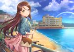  1girl artist_name bag beach blue_jacket breast_pocket building clouds commentary_request dated day hair_ornament hairclip half_updo holding_strap jacket long_sleeves looking_at_viewer looking_back love_live! love_live!_sunshine!! medium_skirt outdoors pink_skirt pocket railing rainbow redhead sakurauchi_riko shamakho shoulder_bag skirt sleeves_folded_up smile solo yellow_eyes 