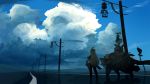  1girl akitsu_taira bird blonde_hair clouds day facing_away fantasy highres long_hair original outdoors road road_sign scenery sign silhouette sky solo standing 