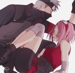  1boy 1girl and_rira armband bike_shorts black_eyes black_gloves black_shorts blush facial_mark from_side gloves green_eyes grey_background haruno_sakura hatake_kakashi highres mask naruto_(series) naruto_shippuuden open_mouth pink_hair red_headband red_shirt shirt short_hair short_shorts shorts silver_hair simple_background sleeveless sleeveless_shirt sweatdrop 