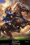  1girl belt bird blonde_hair boots brown_eyes clouds copyright_name grass gun highres horse legend_of_the_cryptids long_hair official_art sky solo weapon 