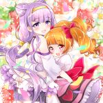  2girls :d aisaki_emiru back_bow bow brown_hair confetti cowboy_shot double_bun dress food_themed_background hair_bow hug hugtto!_precure kawanobe long_hair looking_at_viewer multiple_girls open_mouth precure purple_hair red_bow red_eyes ruru_amour shorts smile twintails violet_eyes 