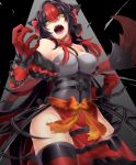  1girl bare_shoulders black_background black_hair black_legwear bow breasts broken broken_chain broken_handcuffs chain chains cleavage clenched_hand creatures_(company) fangs game_freak gen_7_pokemon gloves hair_bow highres incineroar large_breasts long_hair looking_at_viewer multicolored_hair nintendo orange_bow personification pokemon red_bow red_gloves red_legwear redhead roaring shikkoku_neko solo standing thigh-highs two-tone_hair very_long_hair yellow_eyes 
