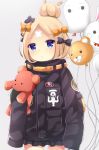  1girl abigail_williams_(fate/grand_order) balloon bangs black_bow black_jacket blonde_hair blue_eyes blush bow commentary_request crossed_bandaids eyebrows_visible_through_hair fate/grand_order fate_(series) fou_(fate/grand_order) grey_background hair_bow hair_bun heroic_spirit_traveling_outfit jacket long_hair long_sleeves looking_at_viewer maccha medjed object_hug orange_bow parted_bangs parted_lips polka_dot polka_dot_bow sleeves_past_fingers sleeves_past_wrists solo stuffed_animal stuffed_toy teddy_bear 