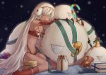  1girl altera_(fate) altera_the_santa armpits bangs bare_shoulders breasts choker cleavage closed_eyes commentary_request dark_skin detached_sleeves earmuffs fate/grand_order fate_(series) feet_out_of_frame full_body_tattoo gift highres legs midriff miuka navel open_mouth photon_ray red_footwear revealing_clothes seiza sheep short_hair sitting sleeping small_breasts snow snowing solo stomach stomach_tattoo tan tattoo thighs veil white_hair 