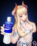  1girl bangs blonde_hair blue_background blunt_bangs blurry bottle brand_name_imitation breasts choker closed_mouth demon_horns depth_of_field highres holding horns large_breasts long_hair looking_at_viewer mole mole_under_eye navel original pocari_sweat realistic signature solo violet_eyes w_ruwaki white_bikini_top 