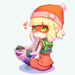  1girl arms_(game) bangs beanie black_legwear blonde_hair blunt_bangs bowl bracelet closed_mouth cosplay domino_mask food green_eyes hat inkling jewelry looking_at_viewer mask min_min_(arms) min_min_(arms)_(cosplay) nintendo noodles orange_hat pointy_ears short_hair simple_background sitting solo splatoon tentacle_hair w2398510474 white_background 