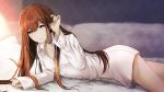  1girl adjusting_hair bed_sheet blue_eyes breasts brown_hair cleavage collared_shirt highres huke long_hair long_sleeves looking_at_viewer lying makise_kurisu official_art on_stomach shirt small_breasts smile solo steins;gate straight_hair white_shirt 