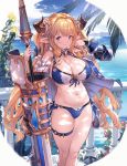  1girl 3: alternate_costume alternate_hairstyle armor bangs bikini blonde_hair blue_bikini blue_eyes blue_sky blush braid breasts cleavage closed_mouth clouds day draph drill_hair eyebrows_visible_through_hair flower frills front-tie_bikini front-tie_top granblue_fantasy gunlance hairband highres holding holding_weapon horns lance large_breasts lips long_hair looking_at_viewer navel ocean outdoors palm_tree pointy_ears polearm rastina ribbon side-tie_bikini skindentation sky solo standing supertie swimsuit thigh_strap tree twin_braids twintails v-shaped_eyebrows very_long_hair water weapon white_ribbon 