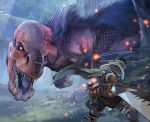  ambiguous_gender anjanath armor armored_boots black_hair blurry blurry_foreground boots cape collared_cape commentary_request day depth_of_field dinosaur dragon fighting_stance fur fuse_ryuuta gauntlets glowing greatsword high_collar holding holding_sword holding_weapon huge_weapon hunter_(armor) knife knife_holster looking_at_another monster_hunter monster_hunter:_world open_mouth outdoors pants scales sharp_teeth short_hair size_difference slit_pupils standing sword teeth tree weapon yellow_eyes 