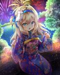  1girl :o aerial_fireworks baseball_cap blue_eyes blue_hairband blue_kimono blue_ribbon blush commentary_request eyebrows_visible_through_hair fingernails fireworks floral_print girls_frontline hair_between_eyes hair_ribbon hairband hat highres holding japanese_clothes kimono lake long_hair long_sleeves looking_at_viewer mask mask_on_head melynx_(user_aot2846) night night_sky obi one_side_up open_mouth outdoors print_kimono ribbon sash senkou_hanabi sitting sky sleeves_past_wrists solo sparkler sudeni_sokurou suomi_kp31_(girls_frontline) upper_teeth very_long_hair water wide_sleeves 
