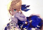  1girl artoria_pendragon_(all) bangs blonde_hair blue_bow blue_cloak bow braid breastplate cloak closed_mouth commentary_request eyebrows_visible_through_hair fate/stay_night fate/zero fate_(series) foreshortening fujikiri_yana fur-trimmed_cloak fur_trim gauntlets green_eyes hair_between_eyes hair_bow hair_bun looking_at_viewer looking_to_the_side outstretched_arm saber sidelocks solo 
