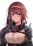  1girl absurdres bangs blue_jacket blush brown_hair cizzi closed_mouth earpiece eyebrows_visible_through_hair framed_breasts girls_frontline gloves grey_scarf hair_between_eyes hair_ribbon hairband handband headset highres index_finger_raised jacket js_9_(girls_frontline) long_hair looking_at_viewer low_ponytail mechanical_arm mole mole_under_eye multiple_straps red_eyes ribbon scarf sidelocks solo strap tied_hair underbust upper_body very_long_hair white_background white_hairband white_ribbon 
