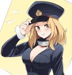  1girl black_hat blonde_hair blush boku_no_hero_academia breasts brown_eyes cleavage collarbone coolisushi eyebrows_visible_through_hair hat highres long_hair looking_at_viewer medium_breasts parted_lips partially_unzipped sketch solo upper_body utsushimi_kemii wrist_cuffs 