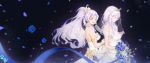  2girls :d azur_lane backless_dress backless_outfit bare_back bare_shoulders belfast_(azur_lane) blue_eyes blue_flower blue_ribbon blue_rose bouquet bow breasts bridal_veil bride closed_eyes commentary_request dress edinburgh_(azur_lane) flower glasses gloves hair_bow highres large_breasts long_hair medium_breasts multiple_girls open_mouth petals ponytail ribbon rose round_eyewear shizi_suky side_braids silver_hair smile sparkle strapless strapless_dress tiara veil wedding_dress white_gloves yellow_bow yellow_ribbon 