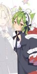  2girls :3 ahoge akashi_(azur_lane) animal_ears azur_lane blonde_hair blush cat_ears choker cleveland_(azur_lane) closed_mouth eyebrows_visible_through_hair gem green_hair hair_ornament highres izumo_neru long_hair looking_at_viewer maid_headdress multiple_girls plate smile x_hair_ornament yellow_eyes 