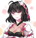  1girl ahoge ara_han bangs black_hair breasts chuki_(lydia) cleavage closed_mouth elsword fang fox hair_ornament hairpin heterochromia highres little_specter_(elsword) medium_breasts sidelocks smile white_background 