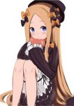  1girl abigail_williams_(fate/grand_order) absurdres bangs black_bow black_dress black_hat blonde_hair bloomers blue_eyes blush bow bug butterfly closed_mouth commentary_request dress fate/grand_order fate_(series) forehead hair_bow haku_(pcts7547) hat head_tilt highres insect long_hair long_sleeves looking_at_viewer object_hug orange_bow parted_bangs simple_background sitting sketch sleeves_past_fingers sleeves_past_wrists solo stuffed_animal stuffed_toy teddy_bear underwear very_long_hair white_background white_bloomers 