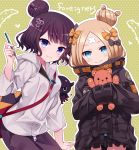  2girls abigail_williams_(fate/grand_order) bangs black_bow black_jacket blonde_hair blue_eyes blush bow brown_hair closed_mouth commentary_request crossed_bandaids eyebrows_visible_through_hair fate/grand_order fate_(series) fingernails green_background hair_bow hair_bun hair_ornament hand_up head_tilt heart heroic_spirit_traveling_outfit holding holding_paintbrush holding_pencil hood hood_down hooded_jacket jacket katsushika_hokusai_(fate/grand_order) long_hair long_sleeves multiple_girls object_hug orange_bow outline paintbrush pants parted_bangs pencil polka_dot polka_dot_background polka_dot_bow purple_pants sleeves_past_fingers sleeves_past_wrists smile stuffed_animal stuffed_toy teddy_bear tentacle tokitarou_(fate/grand_order) toranosuke v-shaped_eyebrows violet_eyes white_jacket white_outline 