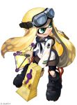  1girl absurdres ankle_boots bangs bike_shorts black_footwear black_neckwear black_shorts blonde_hair blouse blunt_bangs boots chamu_(chammkue) commentary_request domino_mask emblem fangs full_body goggles goggles_on_head highres holding holding_weapon ink_tank_(splatoon) inkling light_smile long_hair long_sleeves looking_to_the_side mask neckerchief nintendo open_mouth pointy_ears sailor sailor_collar shorts solo splat_bomb_(splatoon) splatoon splatoon_1 splattershot_jr_(splatoon) standing tentacle_hair twitter_username velcro weapon white_blouse 