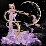  1girl back_bow bare_shoulders bishoujo_senshi_sailor_moon black_background blonde_hair bow closed_eyes double_bun dress facial_mark forehead_mark full_body inzup moon petals princess_serenity solo standing strapless strapless_dress tsukino_usagi twintails twitter_username white_bow white_dress 