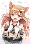  1girl :d animal_ears bangs black_shorts blue_eyes blush breasts cat_ears cat_girl cat_tail collared_shirt commentary_request dog_tags eyebrows_visible_through_hair fangs fingerless_gloves fingernails girls_frontline gloves gradient gradient_background green_gloves hair_between_eyes hair_ornament hairclip headset highres idw_(girls_frontline) light_brown_hair long_hair looking_at_viewer open_mouth purple_background shirt short_shorts shorts small_breasts smile solo sparkle sukemyon suspender_shorts suspenders tail very_long_hair white_background white_shirt 