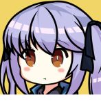  1girl :t azur_lane bangs black_ribbon blush brown_eyes closed_mouth commentary_request essex_(azur_lane) eyebrows_visible_through_hair hair_between_eyes hair_ribbon long_hair nagato-chan portrait pout purple_hair ribbon sidelocks simple_background solo twintails yellow_background 