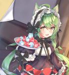  1girl :3 :d ahoge akashi_(azur_lane) animal_ears azur_lane bangs black_bow black_dress black_hairband blush bow breasts brown_eyes cat_ears commentary_request cube dress eyebrows_visible_through_hair frilled_hairband frilled_sleeves frills gem gothic_lolita green_hair hair_between_eyes hairband highres holding holding_plate indoors juliet_sleeves lolita_fashion long_hair long_sleeves looking_at_viewer mishuo_(misuo69421) mole open_mouth plate puffy_sleeves ruby_(stone) sleeves_past_fingers sleeves_past_wrists small_breasts smile solo standing very_long_hair 