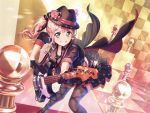 1girl bang_dream! bass_guitar black_gloves blush chess_piece green_eyes grin hat holding_instrument jacket long_hair official_art pink_hair rose smile solo uehara_himari