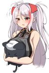  &gt;_&lt; +++ 1girl :3 absurdres animal animal_hug azur_lane bare_shoulders black_cat breasts brown_eyes cat cropped_torso eyebrows_visible_through_hair headgear highres large_breasts light_purple_hair long_hair meowfficer_(azur_lane) moyoron multicolored_hair prinz_eugen_(azur_lane) redhead sideboob simple_background two-tone_hair upper_body white_background 