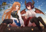  2girls animal anne_(shingeki_no_bahamut) bangs bird black_legwear black_vest blonde_hair blue_skirt blue_sky blunt_bangs blurry blurry_background boots breasts brown_footwear center_frills closed_mouth clouds cloudy_sky commentary cross-laced_footwear day depth_of_field dragon_girl dragon_horns dragon_tail dragon_wings eye_contact eyebrows_visible_through_hair frills granblue_fantasy grea_(shingeki_no_bahamut) green_eyes hair_between_eyes highres holding_hand horns kazenokaze knee_boots lace-up_boots long_hair long_sleeves looking_at_another looking_to_the_side medium_breasts multiple_girls outdoors plaid plaid_skirt pleated_skirt red_eyes red_skirt red_wings redhead scales shingeki_no_bahamut shirt short_sleeves sitting skirt sky smile tail thigh-highs thighhighs_under_boots torn_clothes torn_shirt very_long_hair vest white_shirt wings 