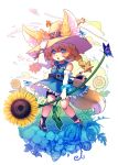  1girl abiko_yuuji animal_ear_fluff animal_ears bangs bare_shoulders blonde_hair blue_dress bracelet brown_eyes bug butterfly dress elbow_gloves eyebrows_visible_through_hair flower food fox_ears fox_girl fox_tail fruit full_body gloves grass hat hat_belt highres holding holding_flower insect jewelry legs_apart long_hair open_mouth original solo standing summer sunflower tail teeth thigh_strap watermelon white_background white_gloves yellow_flower yellow_hat 