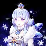  1girl aisha_(elsword) blue_hair chuki_(lydia) cross crown earrings elsword fluffy_collar highres ice ice_wings jewelry long_hair side_bun smile snowflakes violet_eyes wings 