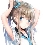  1girl armpits arms_up blue_eyes blue_neckwear blue_scrunchie blush brown_hair dana_(hapong07) eyebrows_visible_through_hair hair_ornament hair_scrunchie highres long_hair looking_at_viewer open_mouth original sailor_collar scrunchie shiny shiny_hair shirt short_sleeves side_ponytail simple_background solo tying_hair upper_body white_background white_shirt 