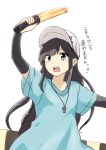  1girl arm_up arm_warmers asashio_(kantai_collection) bangs black_hair blue_eyes blue_shirt clothes_writing commentary_request cosplay eyebrows_visible_through_hair flat_cap hat highres holding kantai_collection long_hair open_mouth platelet_(hataraku_saibou) platelet_(hataraku_saibou)_(cosplay) rakisuto shirt short_sleeves simple_background solo translated very_long_hair whistle whistle_around_neck white_background white_hat 