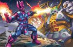  2boys battle beam clash claws crossover dan-the-artguy duel energy eye_beam galactus glowing glowing_eyes green_eyes helmet horns marvel mecha multiple_boys no_humans oldschool robot science_fiction size_difference smoke transformers unicron wings 