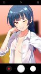  1girl bangs blue_hair blurry blurry_background breasts chromatic_aberration clenched_hand collarbone eyebrows_visible_through_hair grin hand_on_own_cheek highres long_hair looking_at_viewer love_live! love_live!_sunshine!! no_bra one_eye_closed open_clothes open_shirt phone_screen self_shot sellel shirt sleeves_rolled_up small_breasts smile solo tsushima_yoshiko upper_body violet_eyes white_shirt 