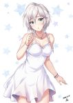  anastasia_(idolmaster) bangs bare_shoulders blue_eyes blush bracelet breasts cleavage collarbone dated dress eyelashes hair_between_eyes highres idolmaster idolmaster_cinderella_girls jewelry looking_at_viewer medium_breasts necklace open_mouth short_hair silver_hair solo_focus star starry_background thighs white_background white_dress yoohi 