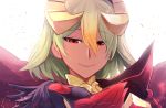  1girl closed_mouth dark_skin earrings fire_emblem fire_emblem_heroes gauntlets gradient_hair green_hair hair_between_eyes highres jewelry laegjarn_(fire_emblem_heroes) multicolored_hair nakabayashi_zun nintendo orange_hair outstretched_arm red_eyes short_hair simple_background solo white_background 