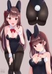  1girl animal_ears artist_name ass bangs bare_shoulders black_leotard blush bow bowtie breasts brown_background brown_hair brown_legwear bunny_girl bunny_tail bunnysuit closed_mouth commentary_request covered_navel detached_collar eyebrows_visible_through_hair girls_frontline hair_ribbon hands_on_own_chest hands_up head_tilt kubong leaning_forward leotard long_hair looking_at_viewer medium_breasts multiple_views nose_blush one_side_up open_mouth pantyhose rabbit_ears red_eyes red_neckwear red_ribbon ribbon simple_background strapless strapless_leotard tail thighband_pantyhose very_long_hair wa2000_(girls_frontline) white_collar wrist_cuffs 