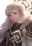  1girl armor bangs commentary crown english_commentary fire_emblem fire_emblem_heroes hair_ornament juwei long_hair looking_at_viewer nintendo parted_lips red_eyes shoulder_armor solo veronica_(fire_emblem) 