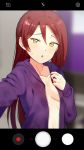  1girl :o blurry blurry_background breasts chromatic_aberration collarbone hand_on_own_chest highres jacket long_hair long_sleeves looking_at_viewer love_live! love_live!_sunshine!! no_shirt open_clothes open_jacket phone_screen purple_jacket redhead sakurauchi_riko self_shot sellel small_breasts solo sweatdrop upper_body yellow_eyes 