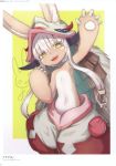  1other 2d absurdres animal_ears bangs blush ears_through_headwear flat_chest fur furry hat highres long_hair looking_at_viewer made_in_abyss nanachi_(made_in_abyss) pouch scan solo whiskers white_hair yellow_eyes 